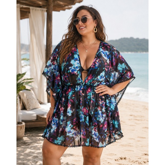 Other - 445. Floral Sheer Swim Cover Up Dress Black Blue Pink Smocked Waist Pom Pom Trim